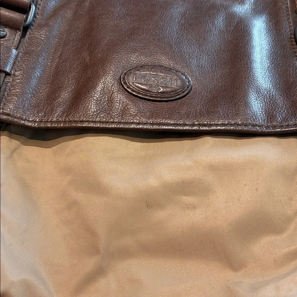 Fossil Leather Trim Tan Nylon Messenger Laptop Bag Crossbody Work